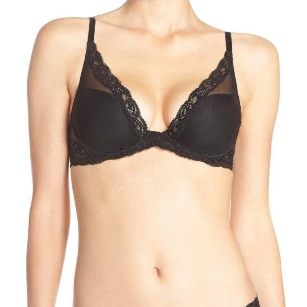🆕NATORI Feathers Underwire T-Shirt Plunge Bra 34DD Black #730023